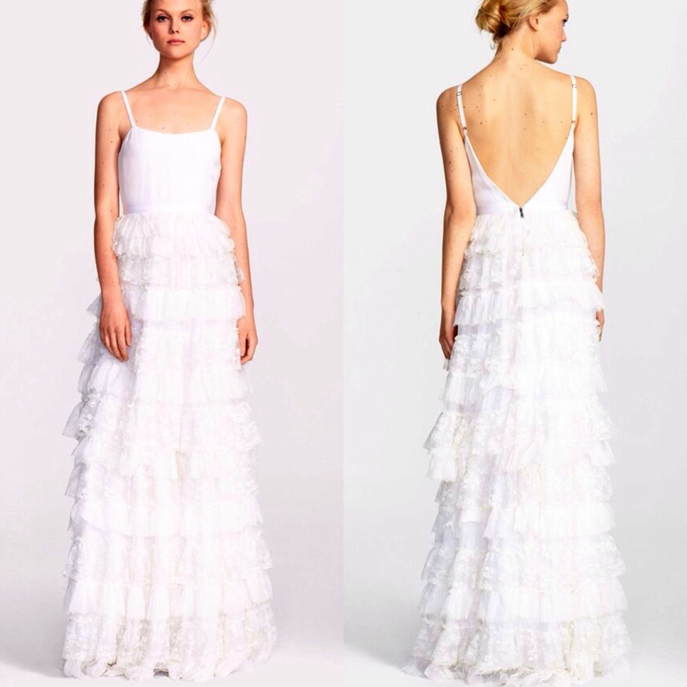Alice + Olivia ruffled lace gown simple white tier